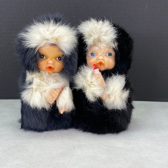 Vintage Rubber Head Hands in Black White Fur Bottle Baby Eskimo Doll Lot of 2 - Picture 1 of 10